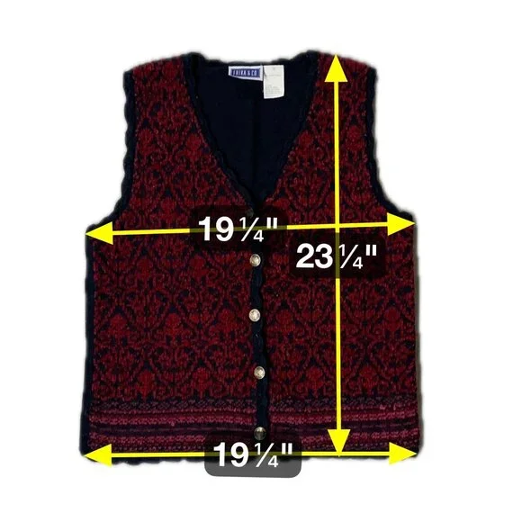 Vintage Vest 1990s Chenille Knit Black Red Button Up Scalloped Edges Small Korea - Picture 9 of 9